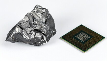 レアアース鉱石と半導体のイメージ　希少金属資源と先端テクノロジー