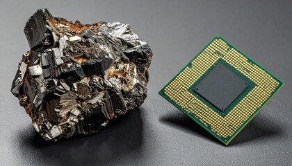 レアアース鉱石と半導体のイメージ　希少金属資源と先端テクノロジー