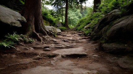 Obraz premium A winding forest path carpeted with gnarled roots and rough rocks beckons explo n into the deep wilderness