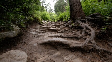 A winding rugged forest trail climbs an incline showcasing the intricate network of exposed tree roots and weathered rocks amidst lush green foliage