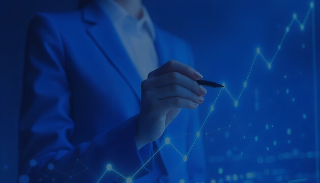 An analyst meticulously charts growth, their hand tracing a line of increasing data points against a luminous background. A close-up offers a glimpse into financial analysis, strategic planning. - Powered by Adobe