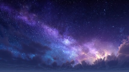 Obraz premium Vibrant Starry Night Sky with Purple and Blue Nebula and Soft Clouds in Deep Space