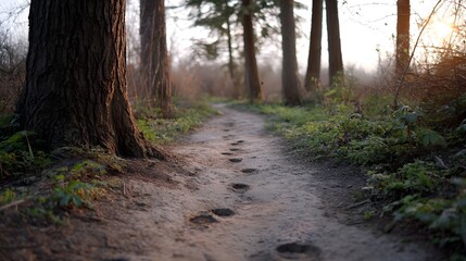 Fototapeta premium A dirt path with footprints winds through a tranquil forest at dawn bathed in soft sunlight