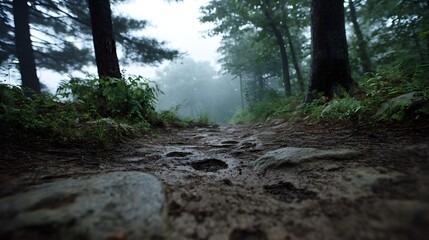A low angle view of a muddy forest trail disappearing into the fog and mist