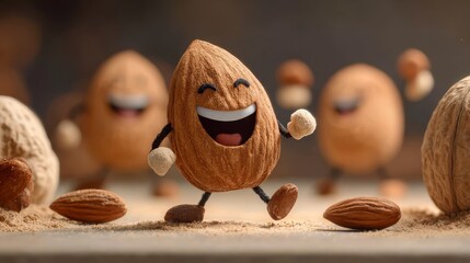 Animated almond character with limbs, eyes, and mouth, joyfully dancing with other animated almonds against a blurred background