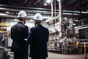 Two male engineers wearing hard hats and suits inspecting industrial machinery