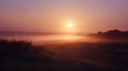 Obraz premium A serene sunrise emerges through a gentle morning mist over a grassy landscape