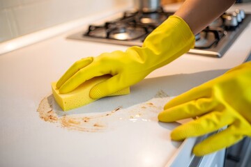 Close-up of hand cleaning kitchen countertop with sponge and yellow gloves.
