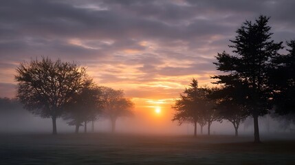 Fototapeta premium Peaceful and mysterious sunrise breaking through dense fog casting light on silhouetted trees in a tranquil landscape