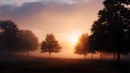 Naklejka premium A peaceful sunrise scene with silhouetted trees emerging through mist and fog bathed in warm glowing light