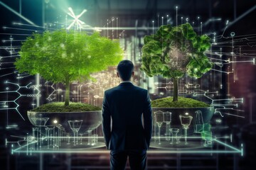 Fototapeta premium Man standing between two trees, one natural and one digital, symbolizing sustainable innovation