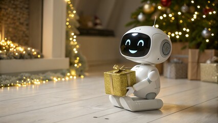 Small cute white robot holding a golden gift box