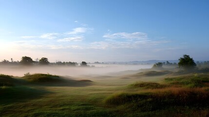 A serene landscape shrouded in morning mist with rolling green hills under a soft blue sky at sunrise