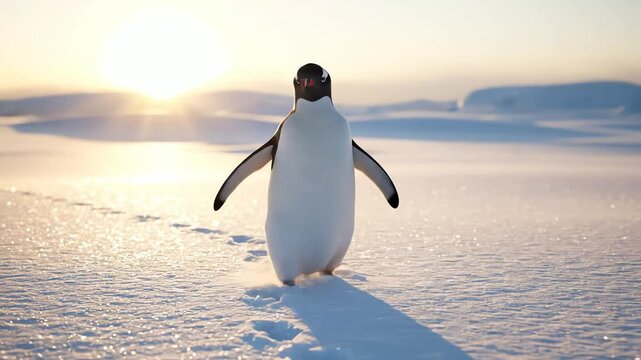 A majestic christmas winter penguin strolls across the vast, serene snowy landscape, leaving footprints in the golden light of a dramatic backlit sunset shot over the icy wilderness.