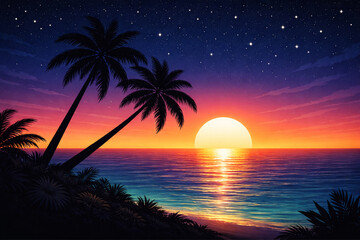 Beautiful tropical sunset over the ocean with palm trees silhouetted against the vibrant sky and stars, creating a serene and picturesque beach scene