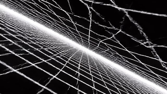 A striking black and white close-up of a spider web illuminated by light, showcasing intricate patterns and natural artistry, perfect for creative and editorial projects.