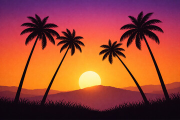 Beautiful tropical sunset with palm trees silhouetted against a vibrant orange and purple sky, a serene tropical landscape