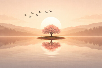 Cherry blossom island reflects in tranquil water under a vast sun, birds fly across pastel sky, embodying profound natural peace