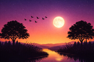 Serene moonlit night sky over a tranquil river landscape with silhouetted trees and a flock of birds flying gracefully across the horizon