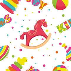 A pattern of childhood toys from your childhood is a bright and dynamic design for your bold works.