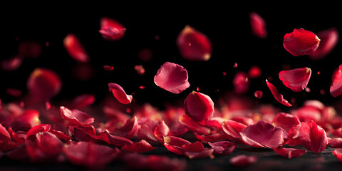 Falling red rose petals seasonal confetti, blossom elements flying isolated. Abstract floral background with beauty roses petal. design for greeting cards. Rose petals fall to the floor