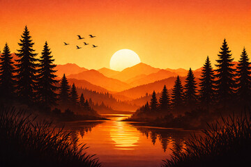 Serene Sunset Over Mountains and River, a Tranquil Scene with Silhouetted Trees and Flying Birds