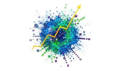 3D abstract illustration of network growth with interconnected data points and an upward arrow on a  transparent background, symbolizing growth and success.