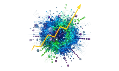 3D abstract illustration of network growth with interconnected data points and an upward arrow on a  transparent background, symbolizing growth and success.