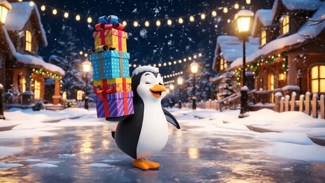 A cheerful 3d rendered christmas winter penguin balances a tall stack of colorful presents while strolling through a cozy, snow-dusted village street under warm, festive lighting.