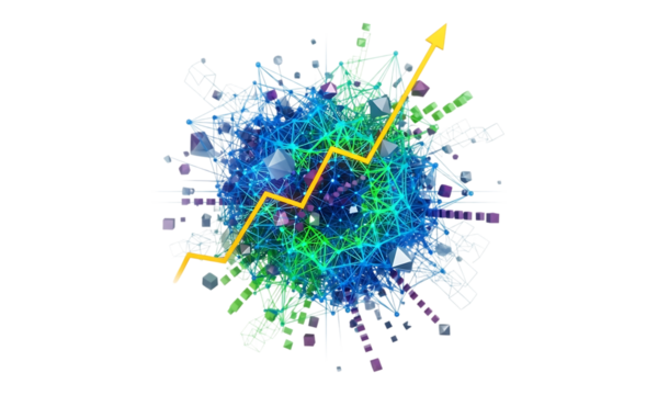 3D abstract illustration of network growth with interconnected data points and an upward arrow on a  transparent background, symbolizing growth and success. - Powered by Adobe