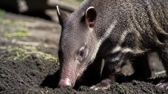Lowland paca sniffs the ground, seeking food in the dirt, cute animal wildlife habitat. Foraging paca searches dirt for food in animal habitat.