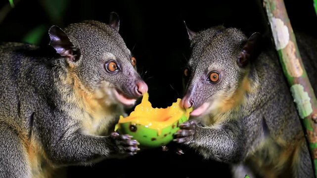 Two cute cuscus eating mango, enjoying healthy food in natural habitat.