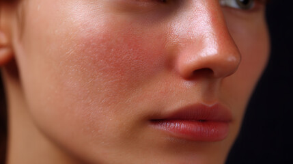 Naklejka premium Serene Contemplation: Captivating close-up of a human face exhibiting subtle signs of introspective thought. Emphasizing the nuanced interplay of light and shadow, highlighting delicate skin features.