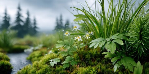 Fresh forest moss and daisies with dewdrops after rain