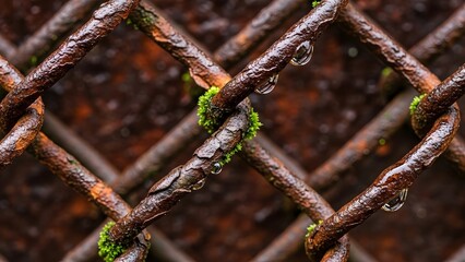 Rusty metal fence links with glistening water droplets and green moss