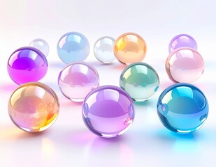 Vibrant collection of colorful glass spheres reflecting light on a white surface.
