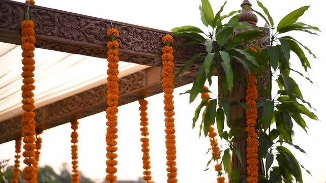 Beautiful wedding mandap decorated with marigold garlands and green leaves.
