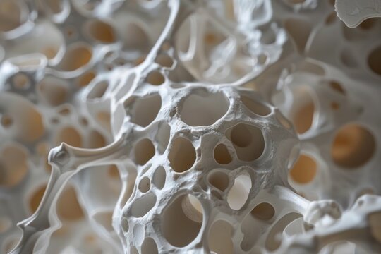 Microscopic view of bone tissue affected by osteoporosis, highlighting the loss of bone density and increased porosity