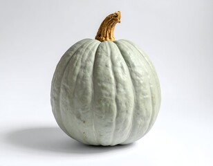 A round, blue-gray squash with a textured surface, brown stem
