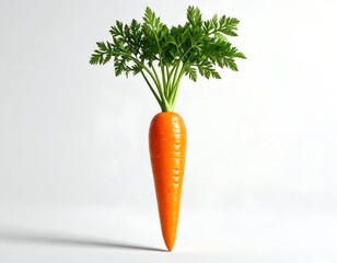 A vibrant orange carrot with green top, against a stark white background