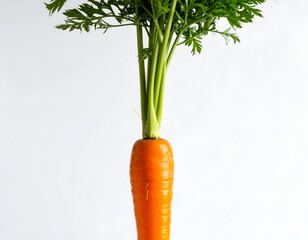 Bright orange carrot with green top against a plain white background