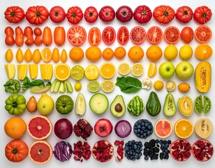 A vibrant rainbow assortment of sliced and whole fruits and vegetables