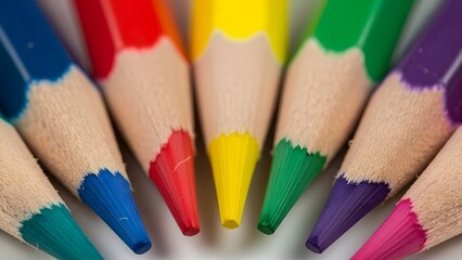 A vibrant spectrum of sharpened colored pencils arranged in a close-up artistic display