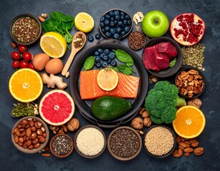 Colorful array of fresh, raw fruits, vegetables, and proteins on a dark surface