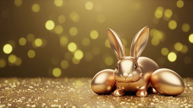 Golden easter metallic bunny and golden easter egg on golden glitter background with yellow bokeh.