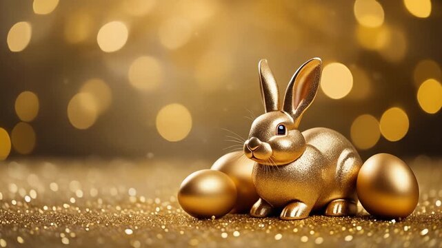 Golden easter metallic bunny and golden easter egg on golden glitter background with yellow bokeh.