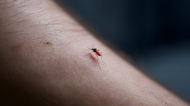 Mosquito on Arm: Close-up of a mosquito feasting on a human arm, illustrating a moment of vulnerability in the natural world.