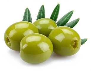 Group of vibrant green olives with leaves, isolated on white