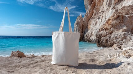 A blank canvas tote bag stands on a sandy beach, with a turquoise sea and cliffs in the background under a sunny sky