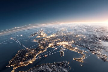 Abstract Globe View of Europe with City Lights and Network Connections at Dawn